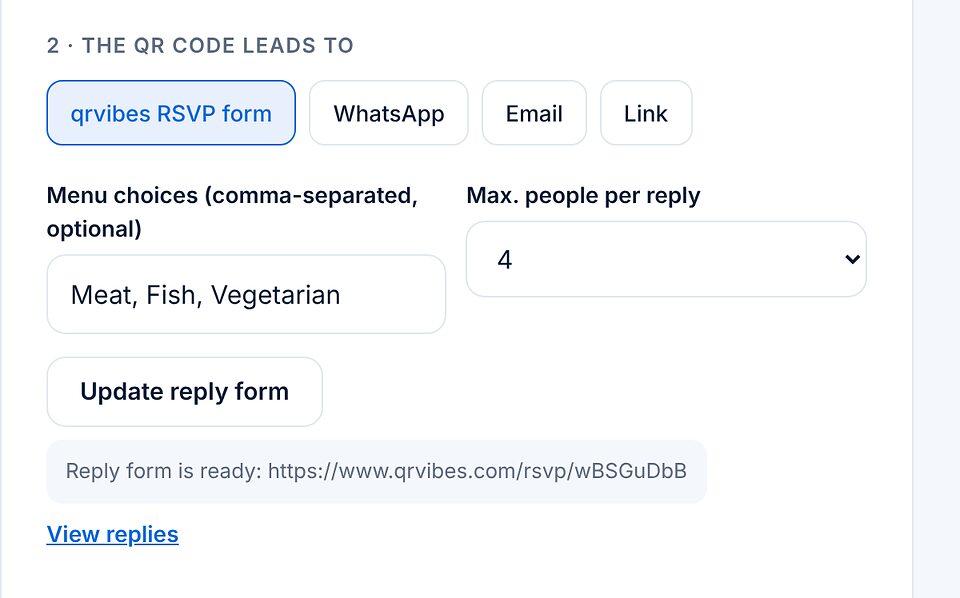 Section de destination du QR code avec le formulaire de réponse qrvibes sélectionné, choix de menu, nombre maximal de personnes, le bouton de mise à jour du formulaire et le lien vers les réponses.