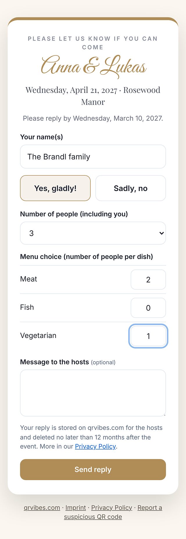 Formulaire de réponse sur un téléphone : noms du couple, date et lieu, nom, acceptation, nombre de personnes, choix du menu et le bouton d’envoi de la réponse.