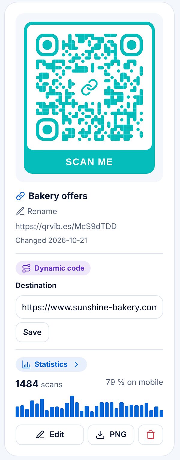 Carte d’un code dynamique dans Mes codes avec le champ de destination, un bouton Enregistrer et un petit graphique des scans.