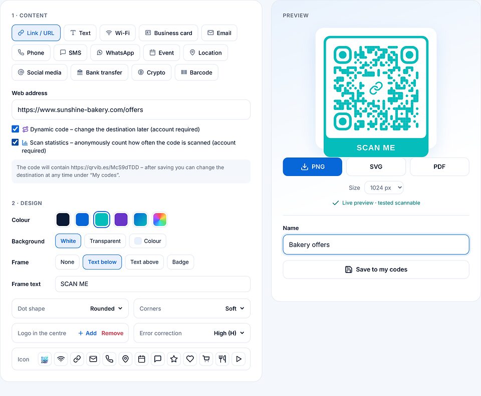 Page Créer avec les options code dynamique et statistiques de scan cochées ; une remarque affiche le lien court contenu dans le code.