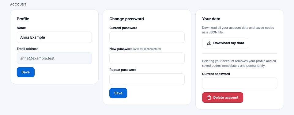 Section du compte avec profil, changement de mot de passe et vos données avec télécharger mes données et supprimer le compte.