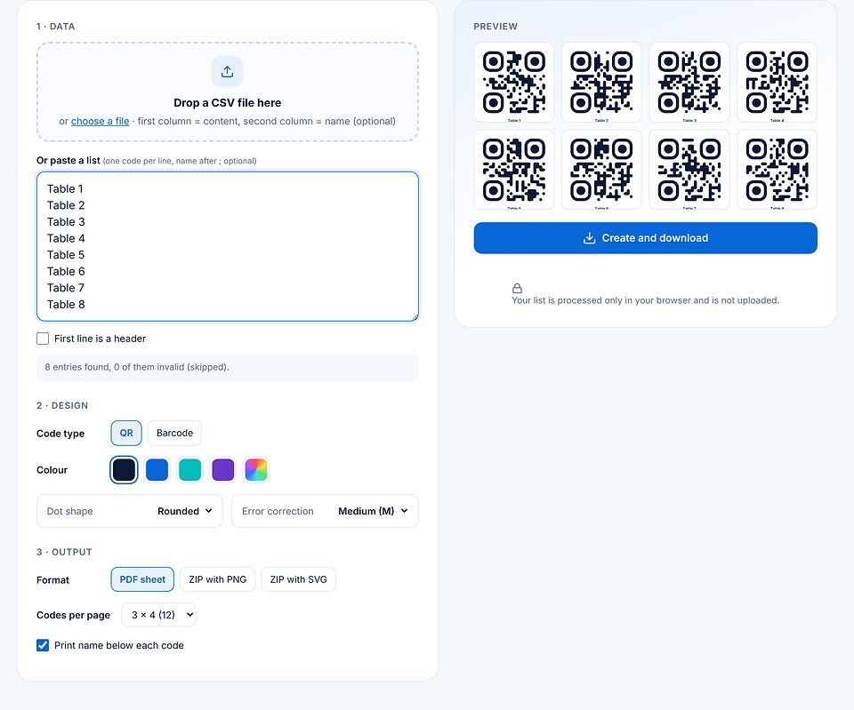Page En masse : liste de Table 1 à Table 8, réglages du design, sortie feuille PDF avec 12 codes par page et aperçu des huit codes avec leur nom.