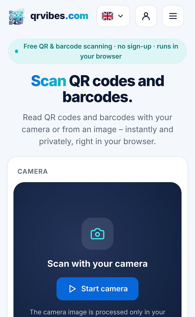 Page Scanner sur un téléphone avec la zone sombre de la caméra et le bouton pour démarrer la caméra.