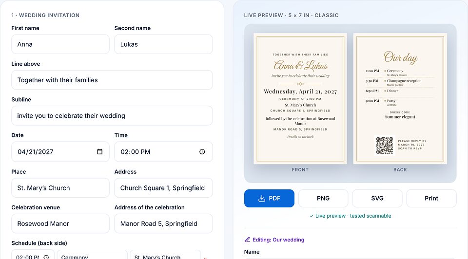 Modèle de faire-part de mariage : à gauche les champs pour les noms, la date, l’heure et les lieux ; à droite l’aperçu en direct du recto et du verso avec QR code.